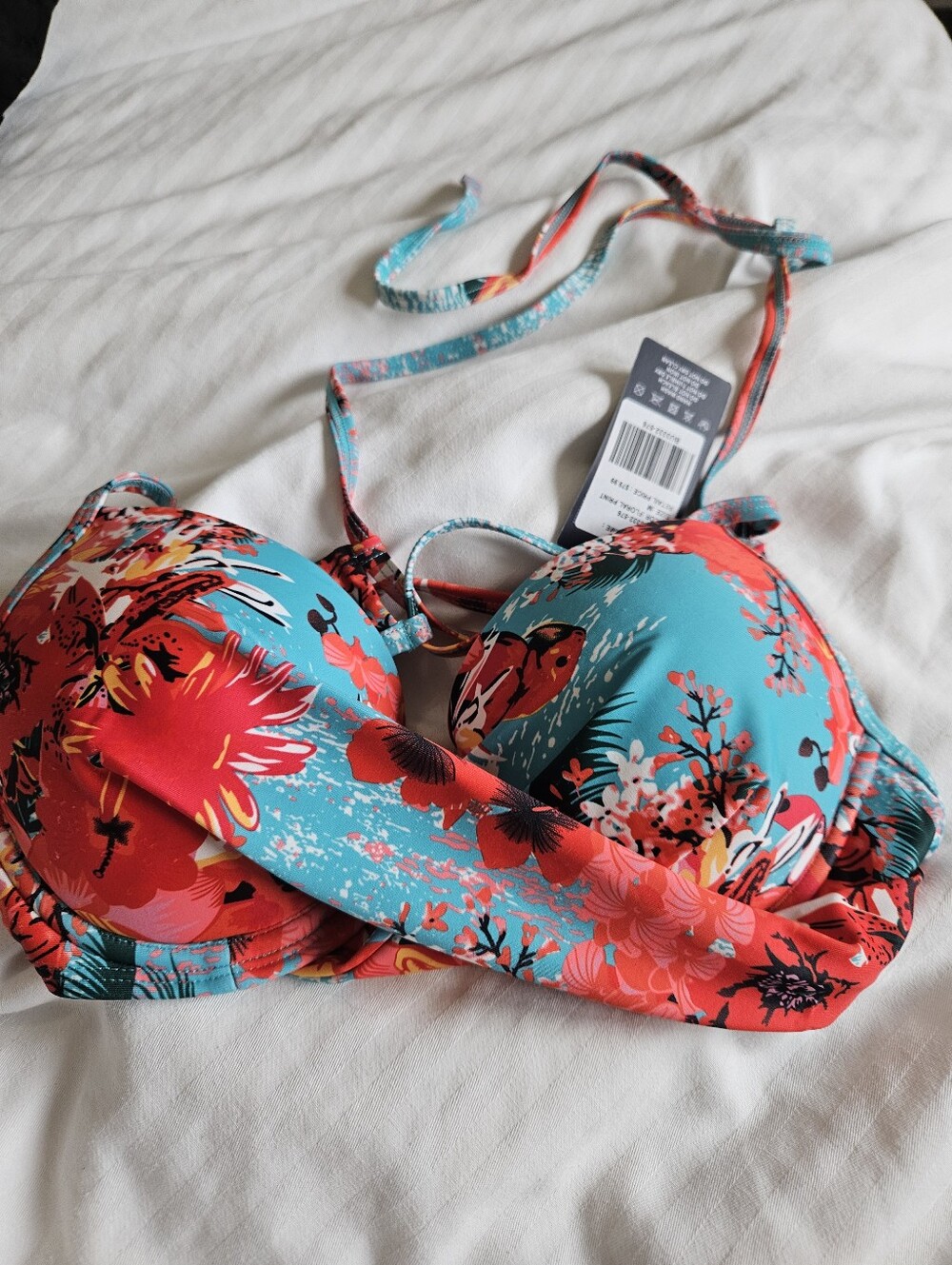 NWT Tropical Floral Padded Bikini Top - Turquoise & Coral
